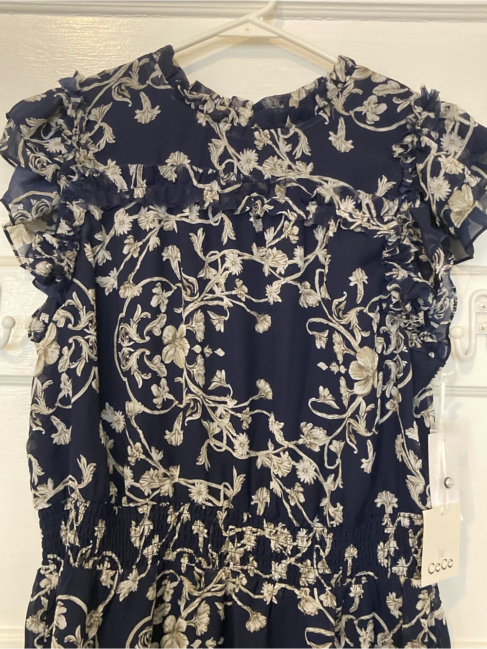 CeCe Navy and Cream Floral Ruffle Tiered Long Maxi Dress